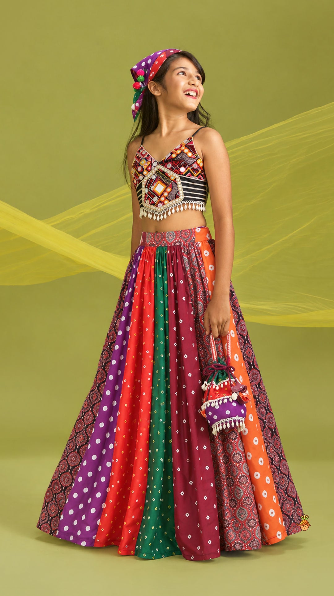 Pre Order: Strappy Mirror Embroidered Top With Lehenga And Bandana With Potli Bag