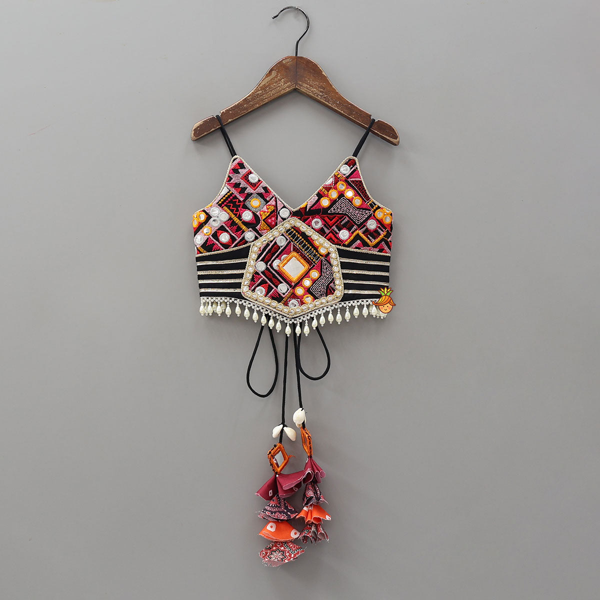 Pre Order: Strappy Mirror Embroidered Top With Lehenga And Bandana With Potli Bag