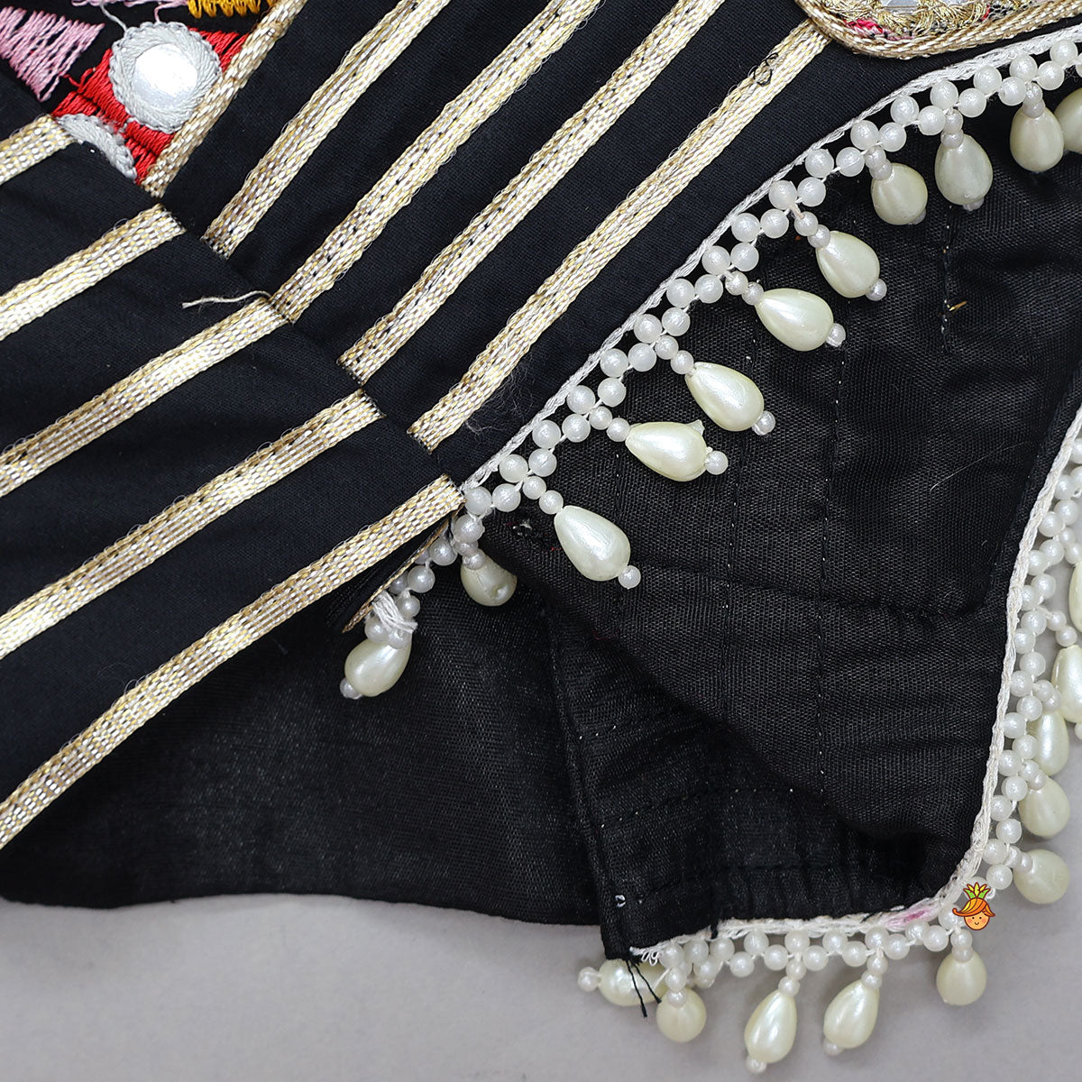 Pre Order: Strappy Mirror Embroidered Top With Lehenga And Bandana With Potli Bag