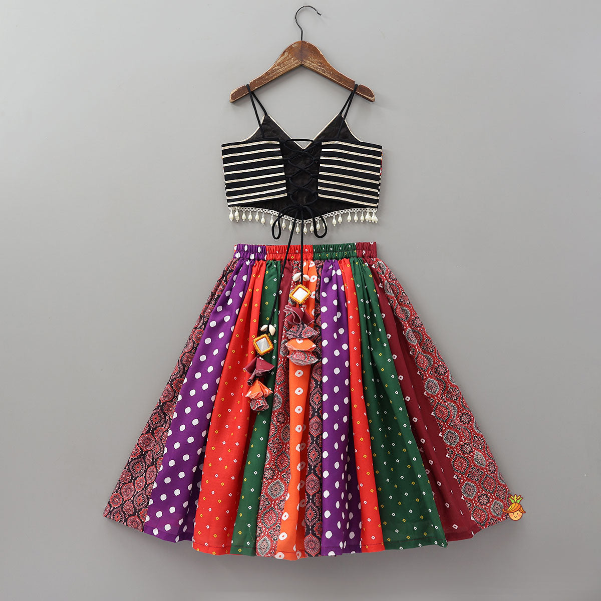 Pre Order: Strappy Mirror Embroidered Top With Lehenga And Bandana With Potli Bag
