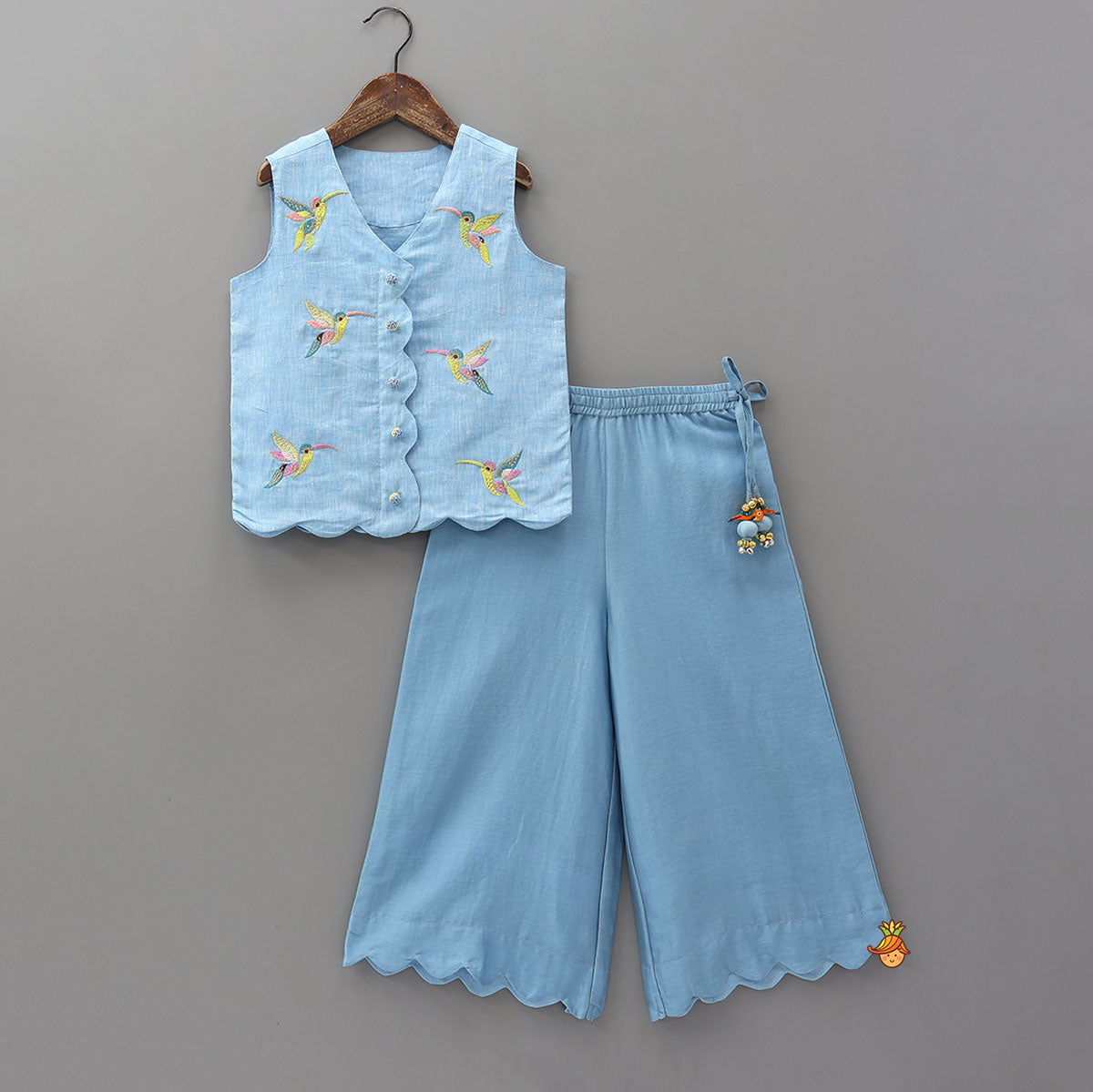 Pre Order: Bird Motif Embroidered Top And Scalloped Palazzo
