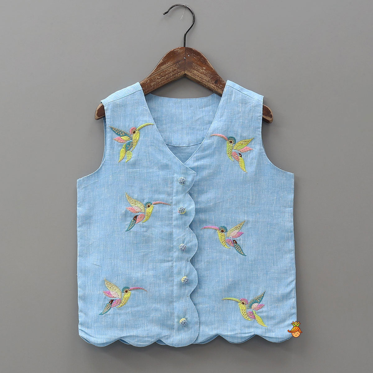 Pre Order: Bird Motif Embroidered Top And Scalloped Palazzo