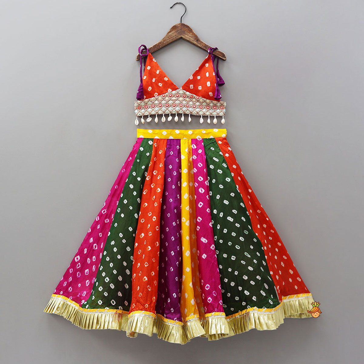 Pre Order: Bandhani Printed Tie-Up Strap Crop Top And Lehenga With Bandhana And Mirror Hair Clip