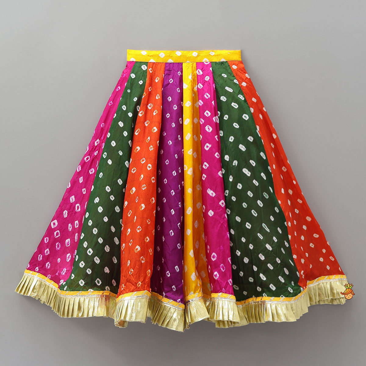 Pre Order: Bandhani Printed Tie-Up Strap Crop Top And Lehenga With Bandhana And Mirror Hair Clip