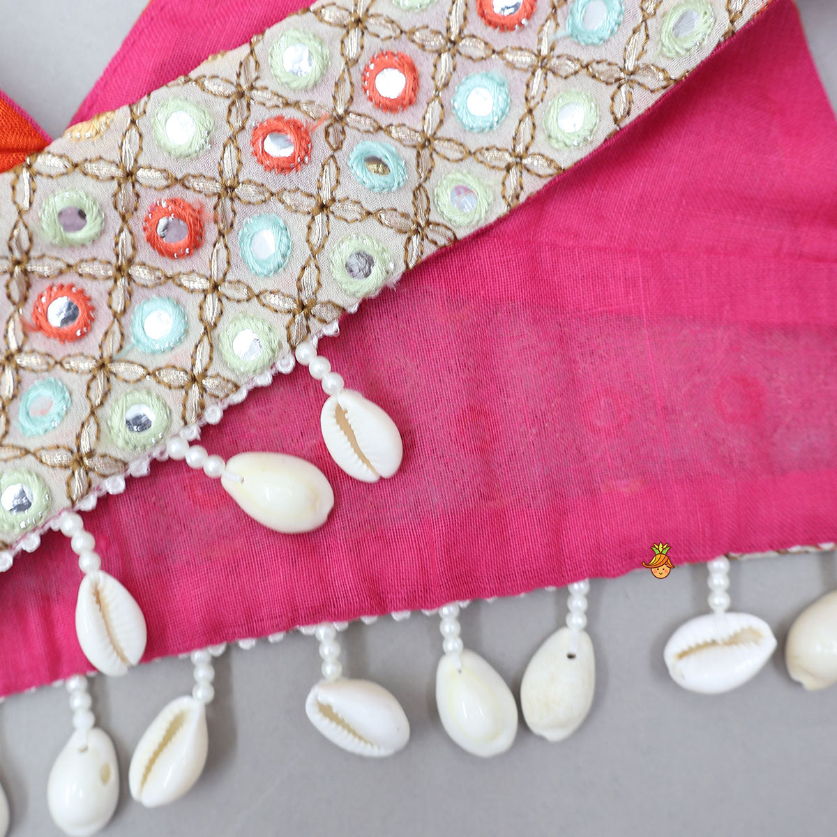 Pre Order: Bandhani Printed Tie-Up Strap Crop Top And Lehenga With Bandhana And Mirror Hair Clip