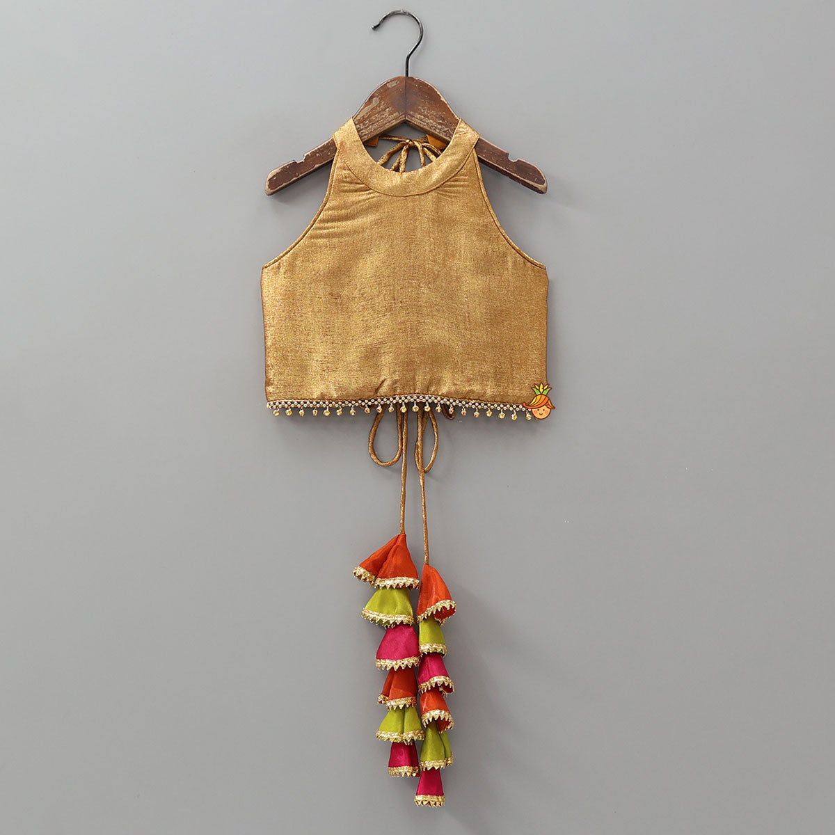 Pre Order: Sheen Finish Halter Neck Crop Top With Crushed Lehenga