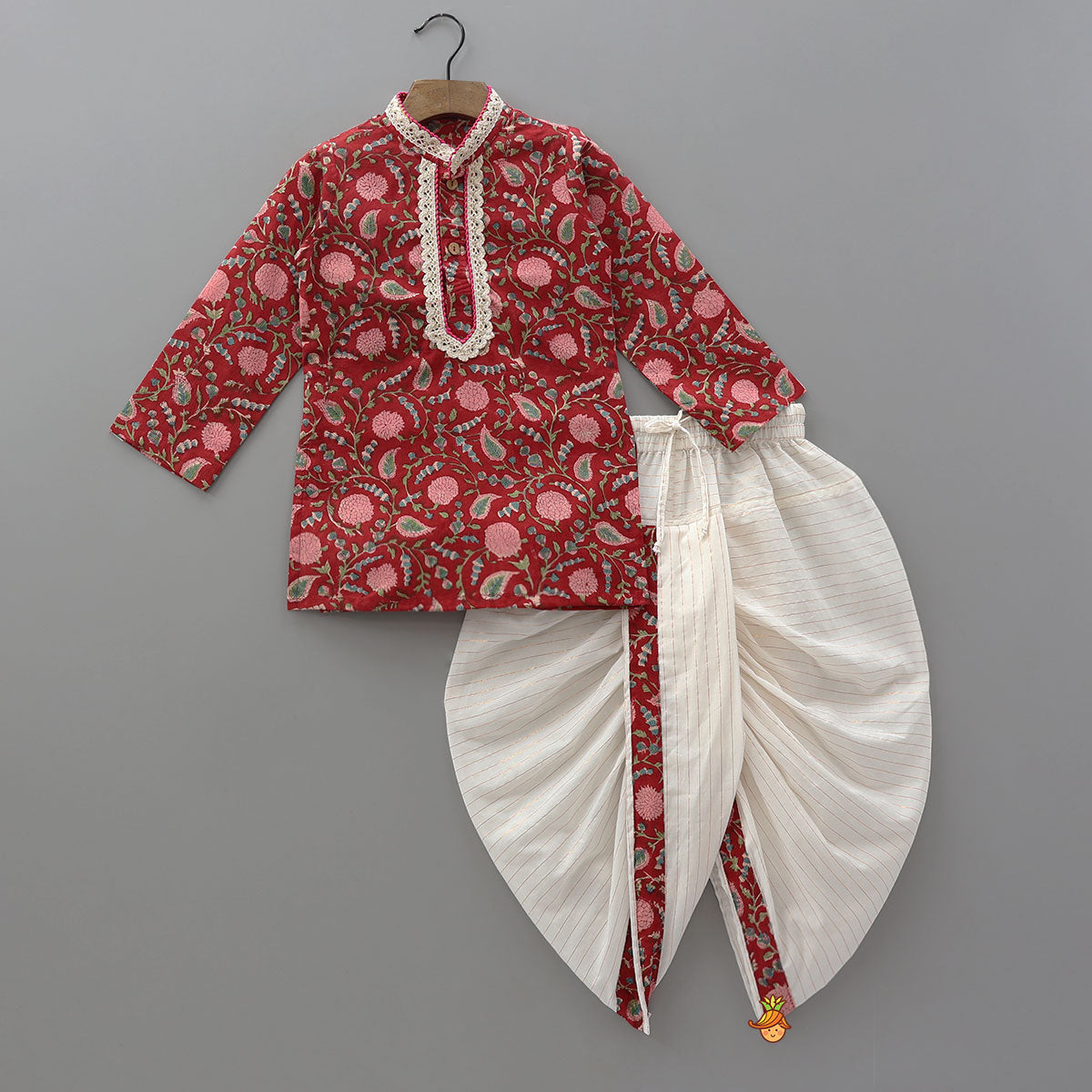 Pre Order: Hand Block Floral Printed Stylish Kurta And Lurex Striped Dhoti