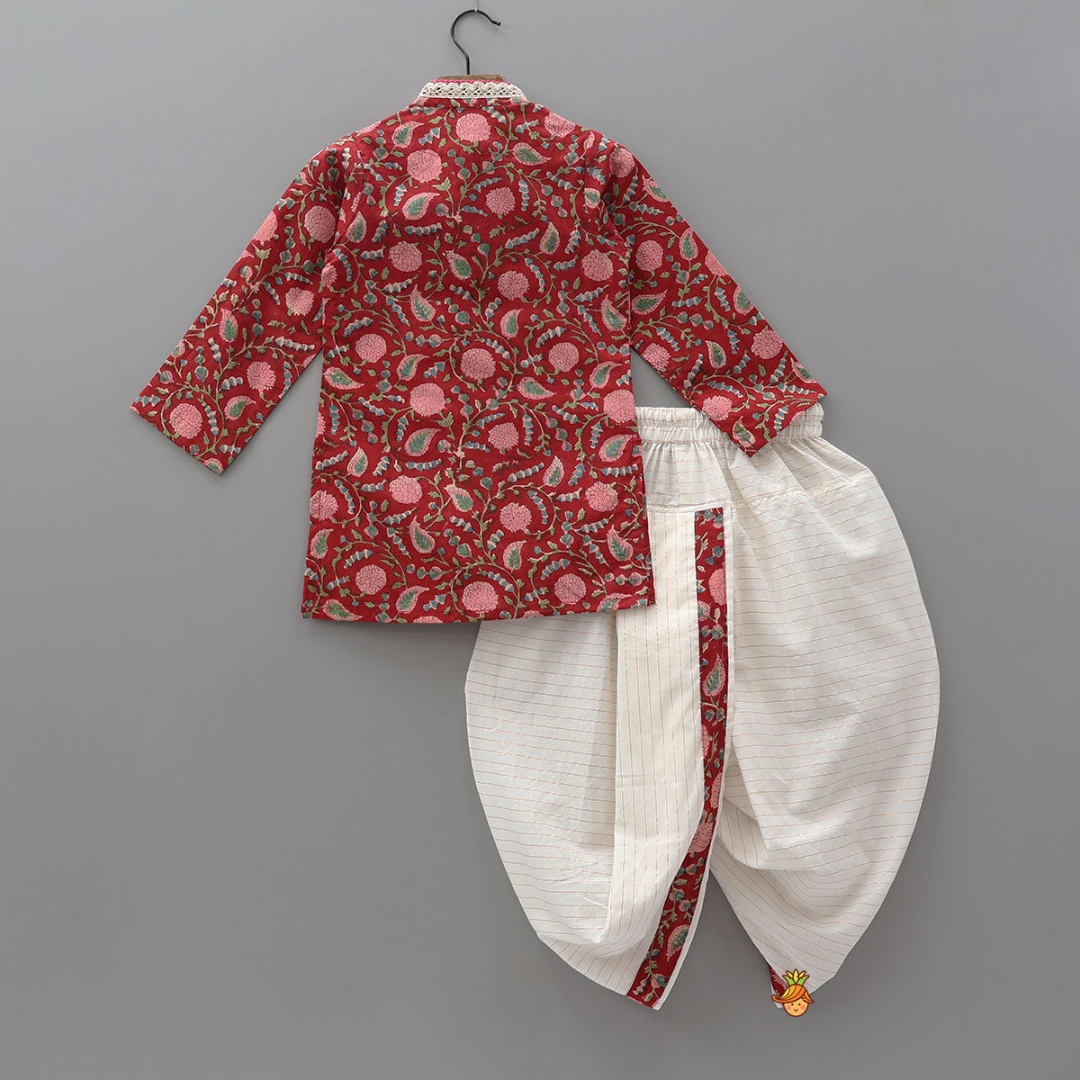 Pre Order: Hand Block Floral Printed Stylish Kurta And Lurex Striped Dhoti