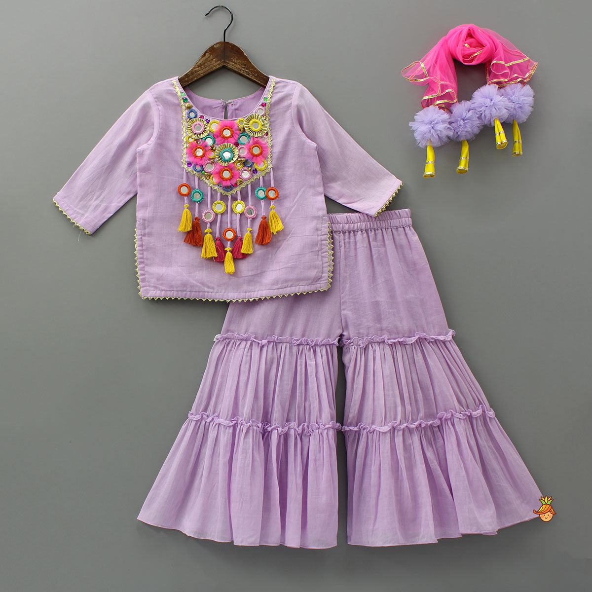 Mirror And Tassel Detailed Kurti With Tiered Sharara And Dupatta