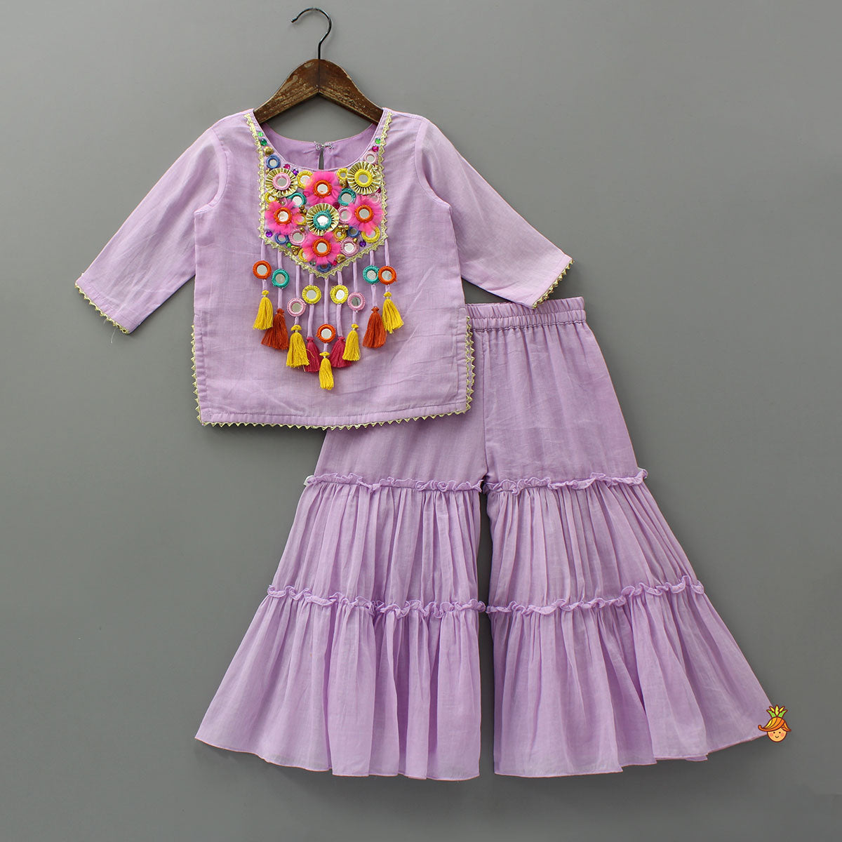 Mirror And Tassel Detailed Kurti With Tiered Sharara And Dupatta