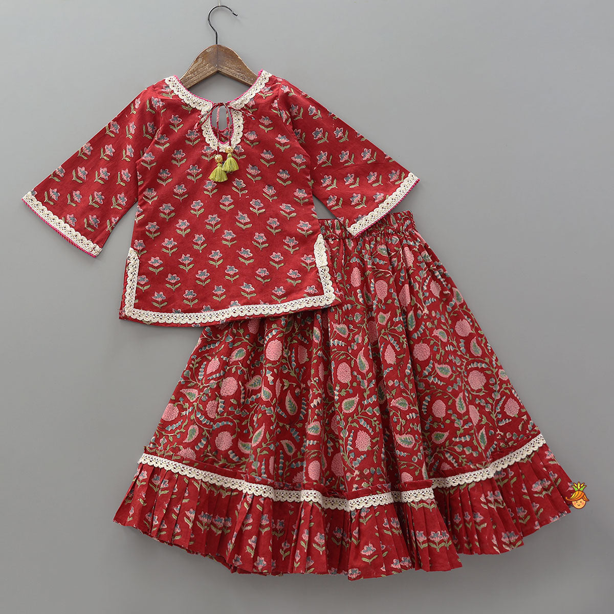 Pre Order: Lace Work Cotton Kurti With Flared Lehenga And Lurex Striped Dupatta
