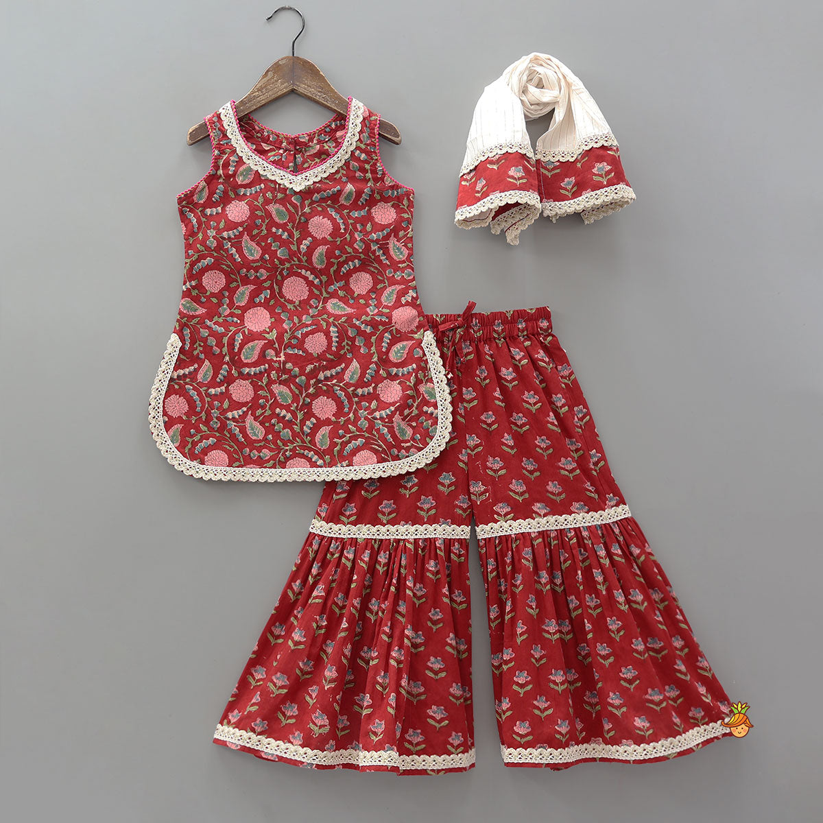 Pre Order: Hand Block Floral Printed Cotton Kurti With Sharara And Contrasting Dupatta