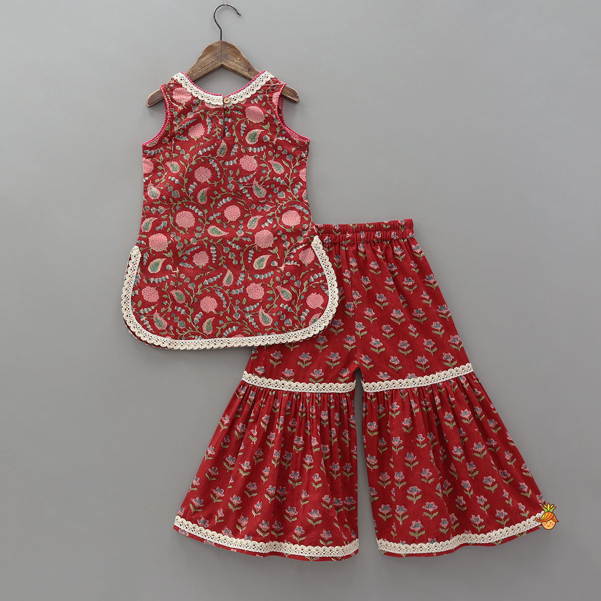 Pre Order: Hand Block Floral Printed Cotton Kurti With Sharara And Contrasting Dupatta