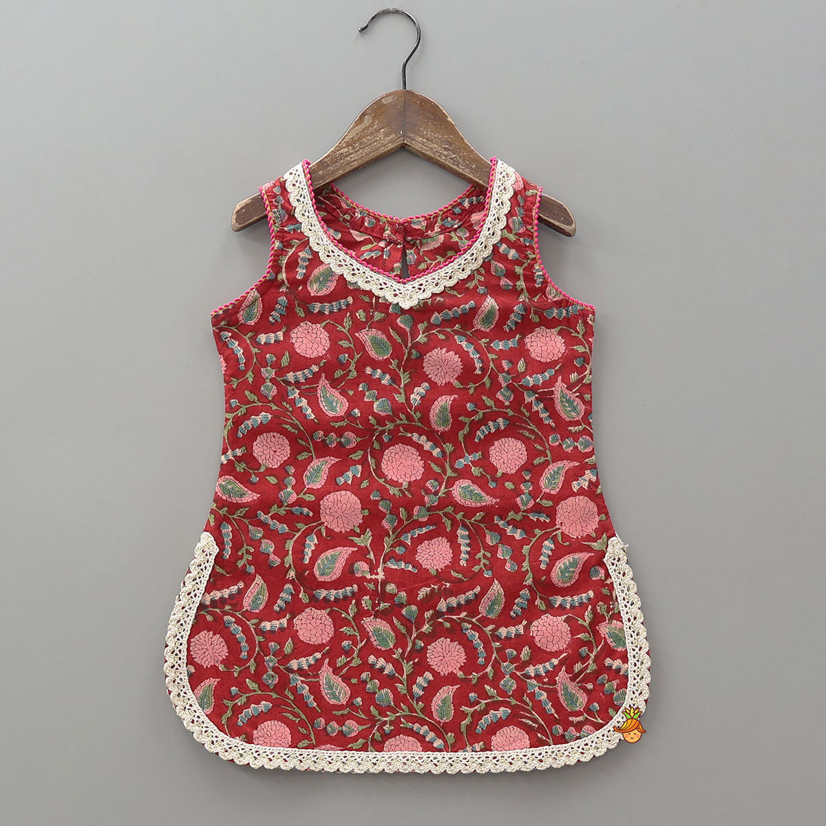 Pre Order: Hand Block Floral Printed Cotton Kurti With Sharara And Contrasting Dupatta