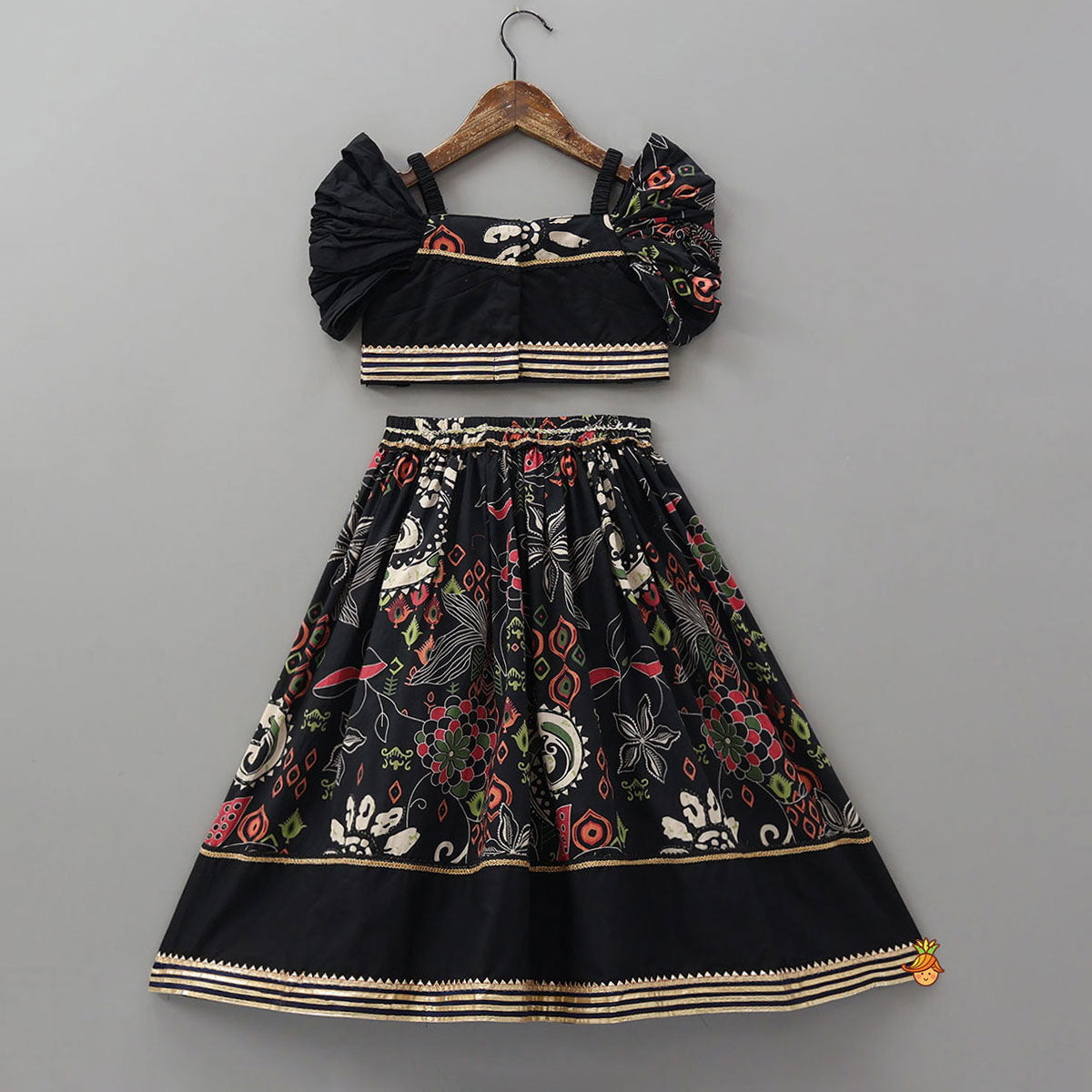 Elasticated Strappy Crop Top And Lehenga With Dupatta And Sling Bag