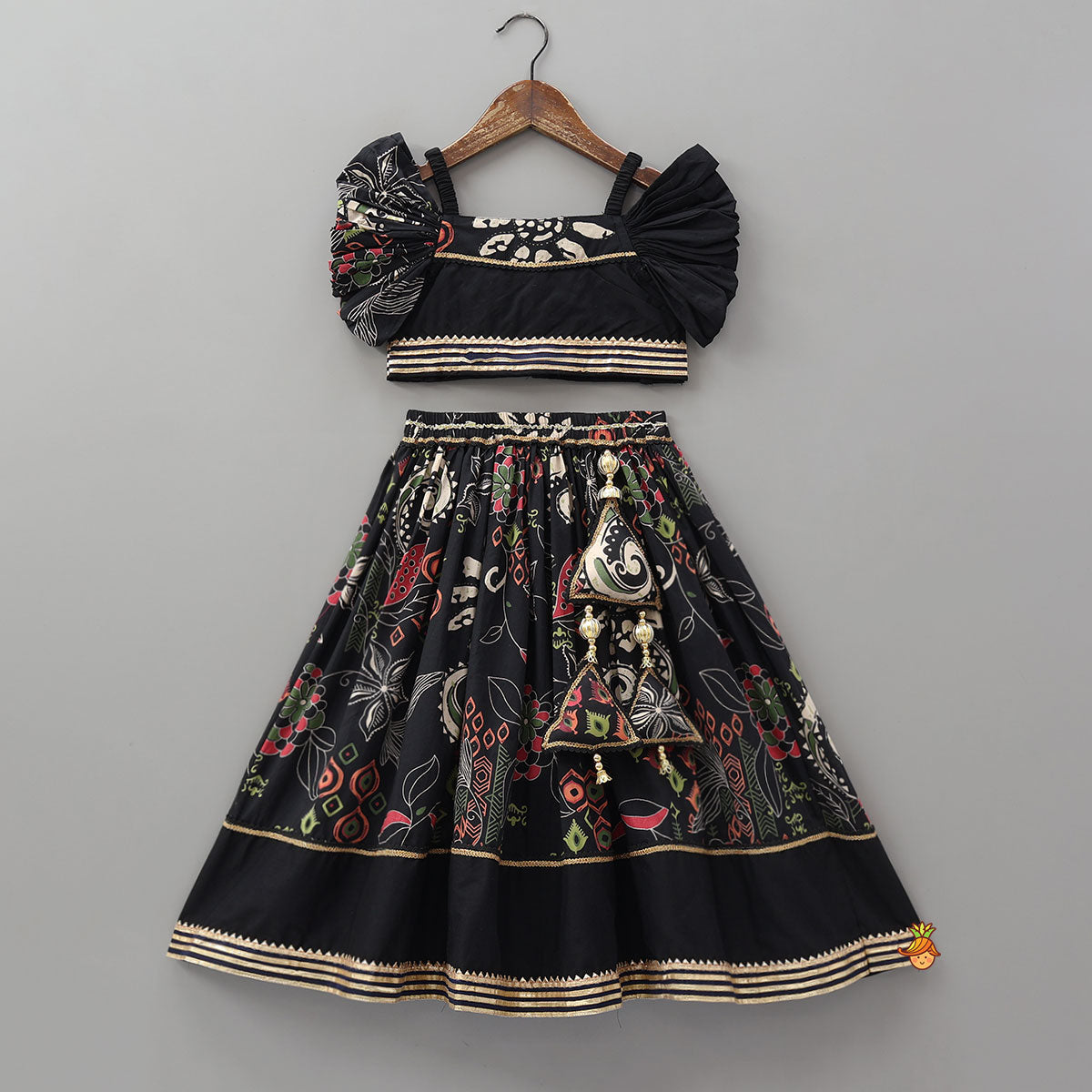 Elasticated Strappy Crop Top And Lehenga With Dupatta And Sling Bag