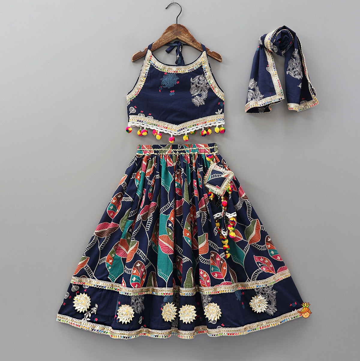 Halter Neck Printed Crop Top And Lehenga With Dupatta