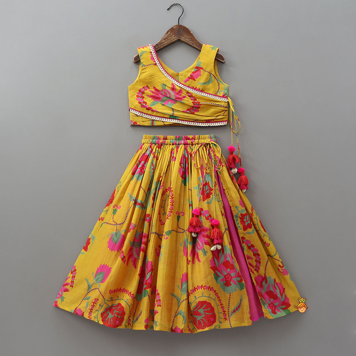 Pre Order: Floral Printed Angrakha Style Crop Top With Layered Lehenga