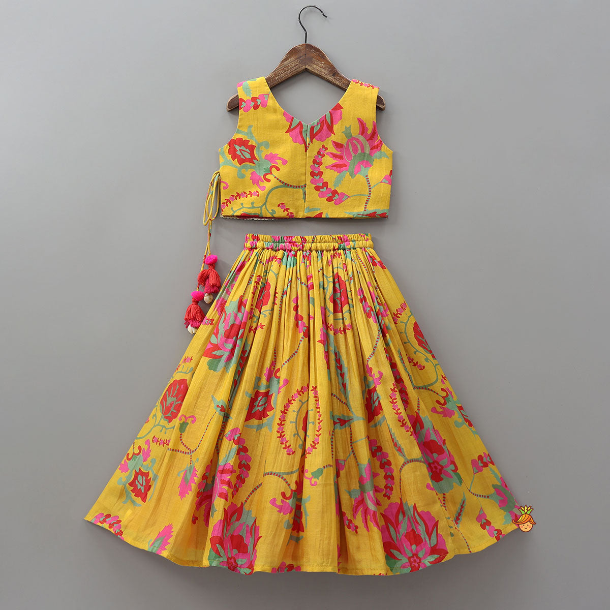 Pre Order: Floral Printed Angrakha Style Crop Top With Layered Lehenga
