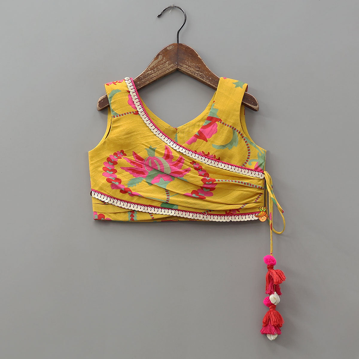 Pre Order: Floral Printed Angrakha Style Crop Top With Layered Lehenga