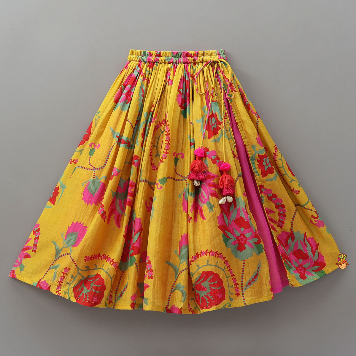 Pre Order: Floral Printed Angrakha Style Crop Top With Layered Lehenga