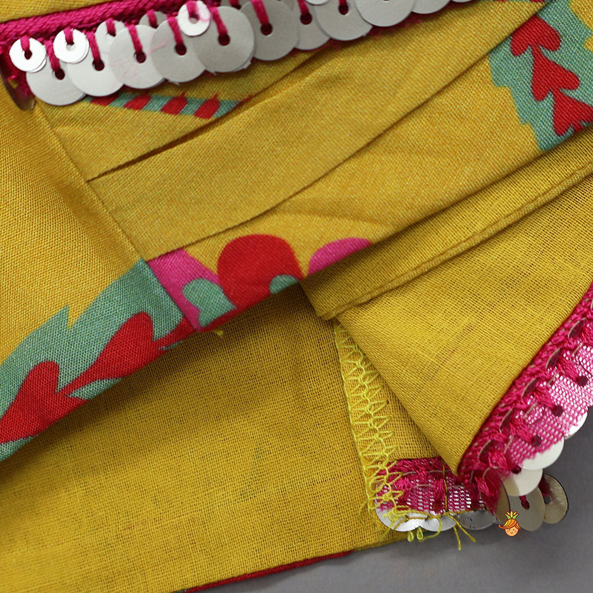 Pre Order: Floral Printed Angrakha Style Crop Top With Layered Lehenga
