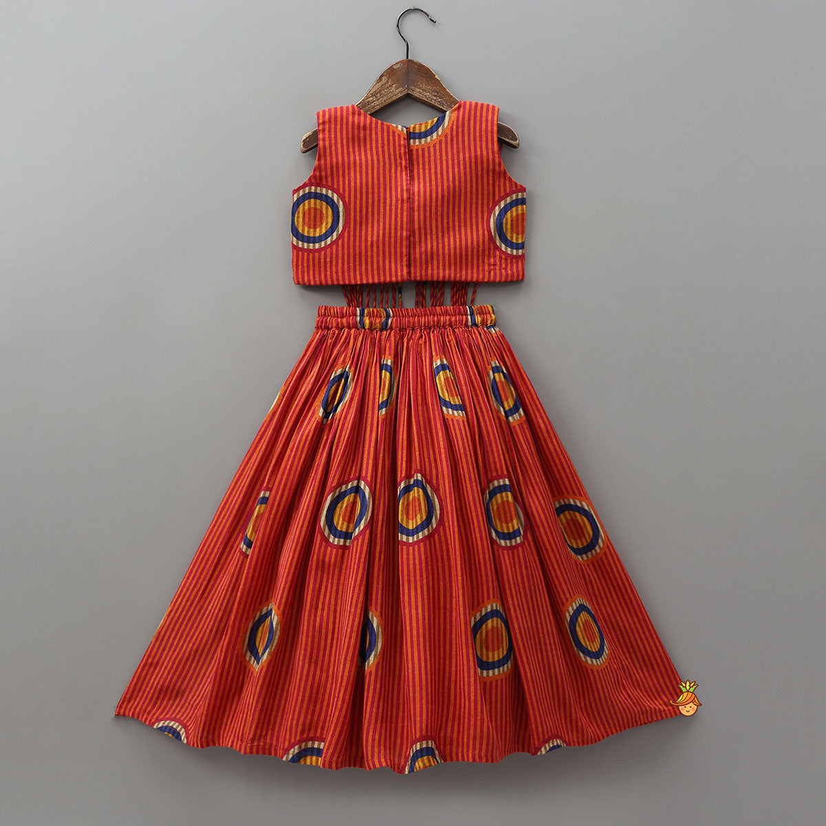Pre Order: Fringes Adorned Striped Crop Top With Printed Lehenga