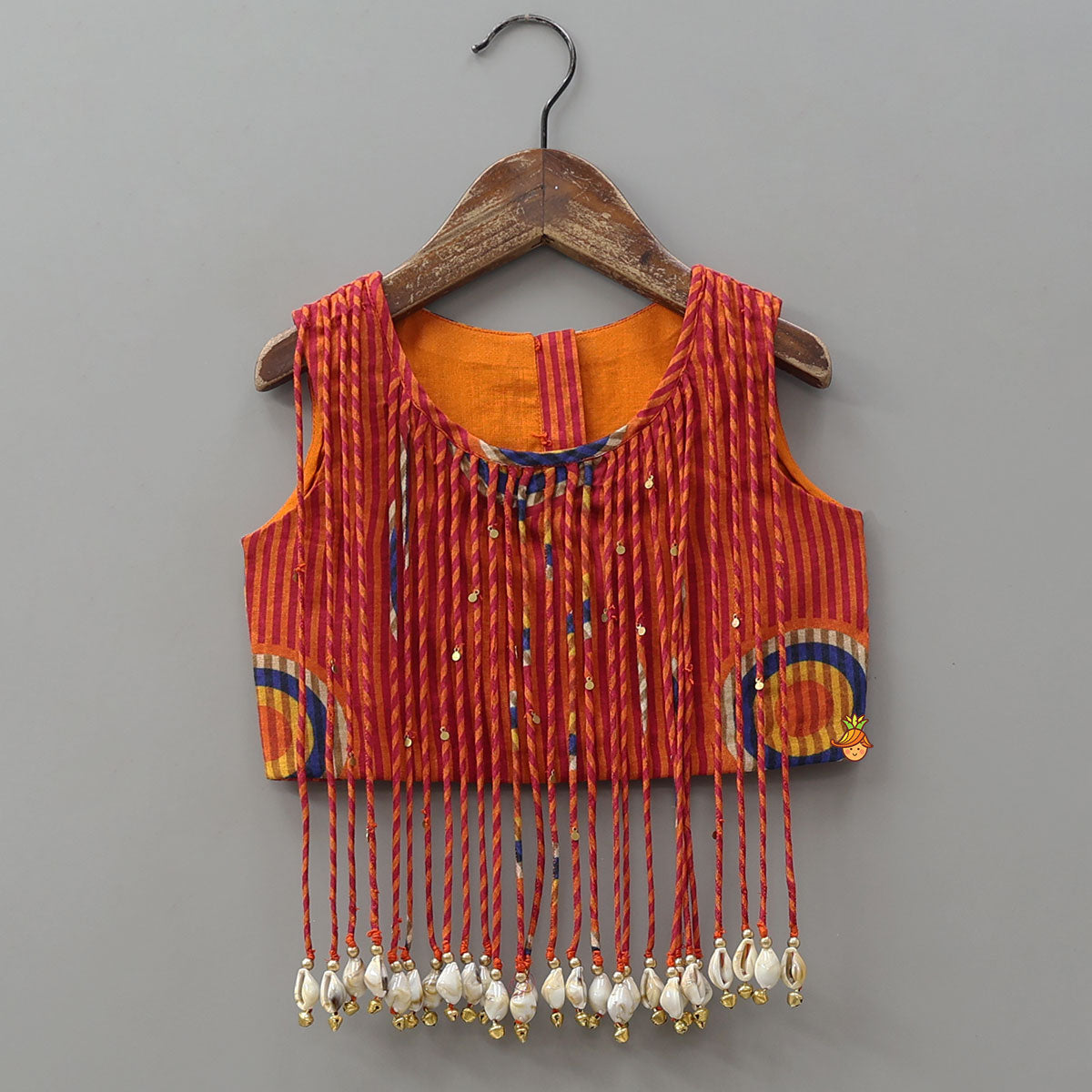 Pre Order: Fringes Adorned Striped Crop Top With Printed Lehenga