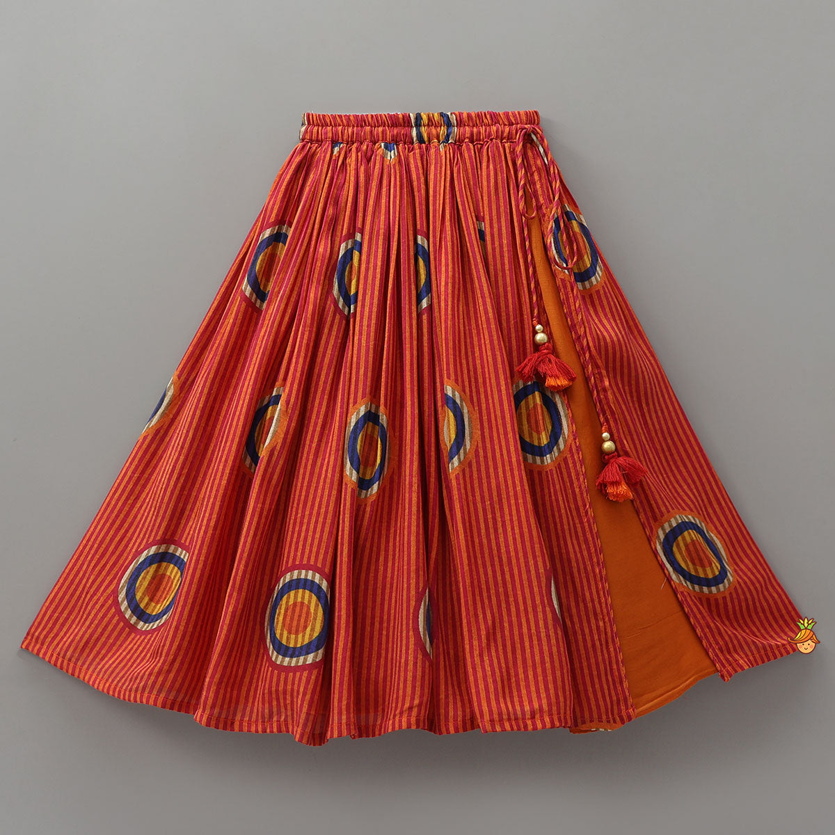 Pre Order: Fringes Adorned Striped Crop Top With Printed Lehenga