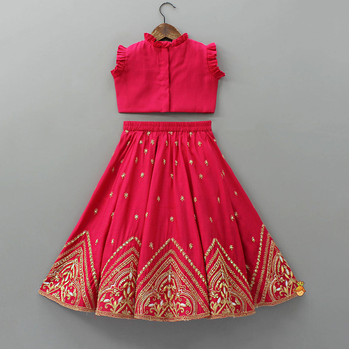 Pre Order: Zari Embroidered Ruffled Top With Flared Lehenga