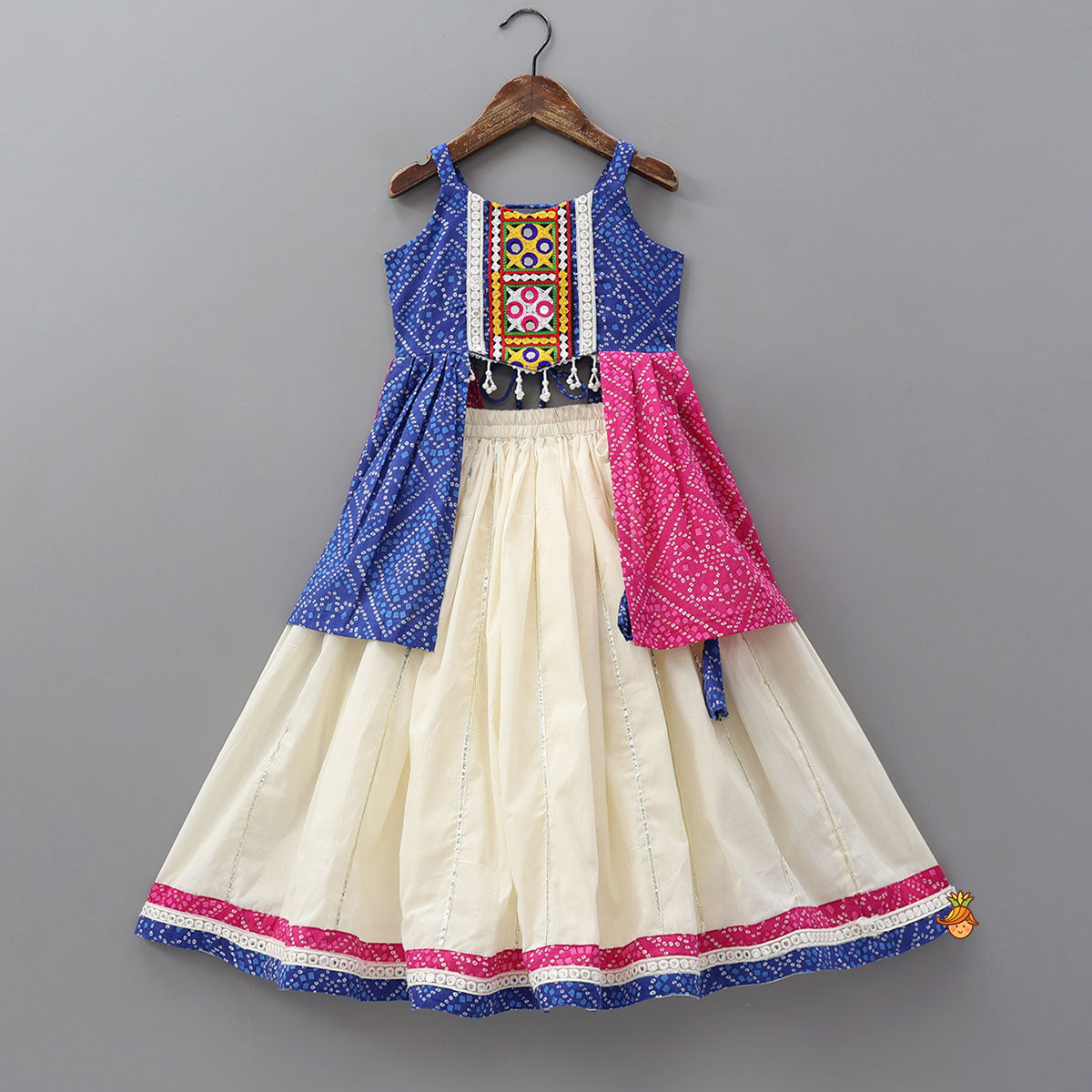 Pre Order: Bandhani Print Embroidered Crop Top With Flared Lehenga