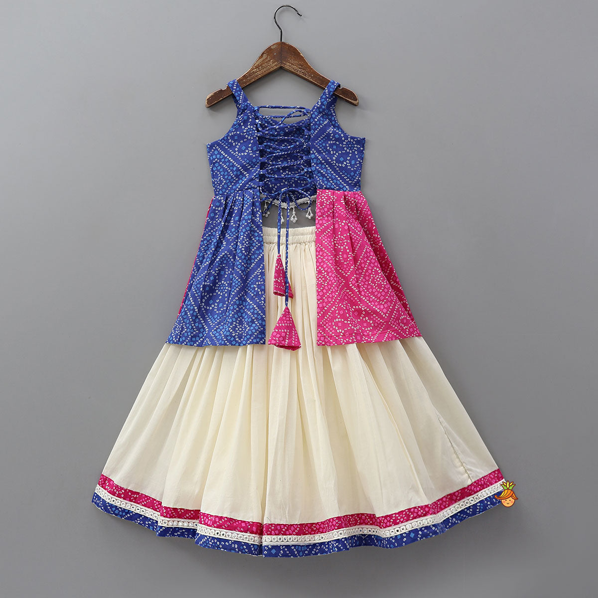 Pre Order: Bandhani Print Embroidered Crop Top With Flared Lehenga