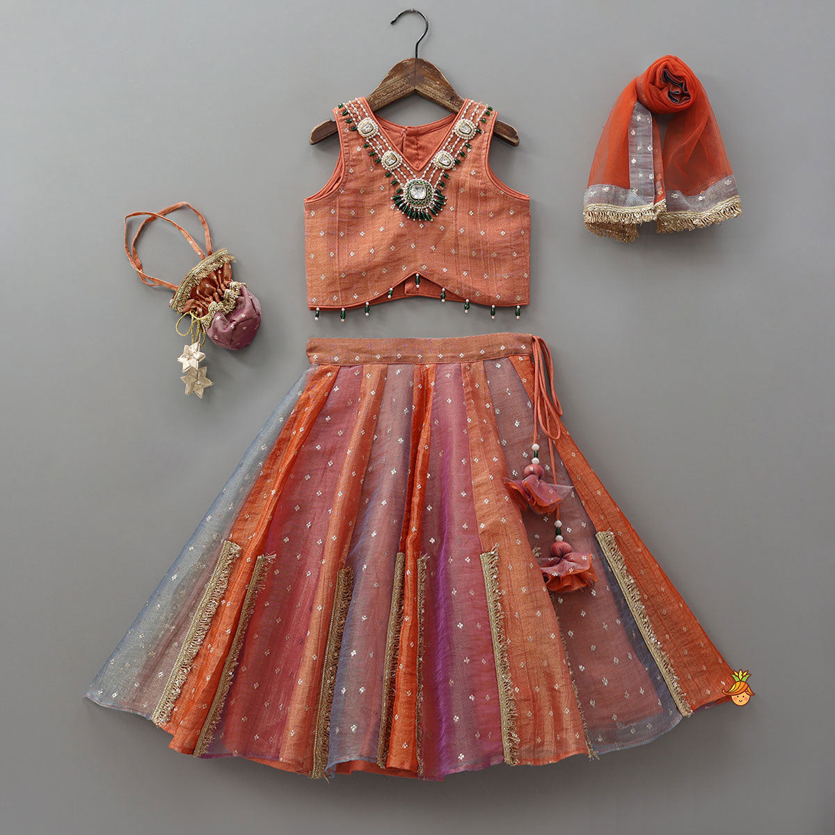 Pre Order: Statement Beaded Top And Lace Detailed Panelled Lehenga With Dupatta And Matching Potli Bag