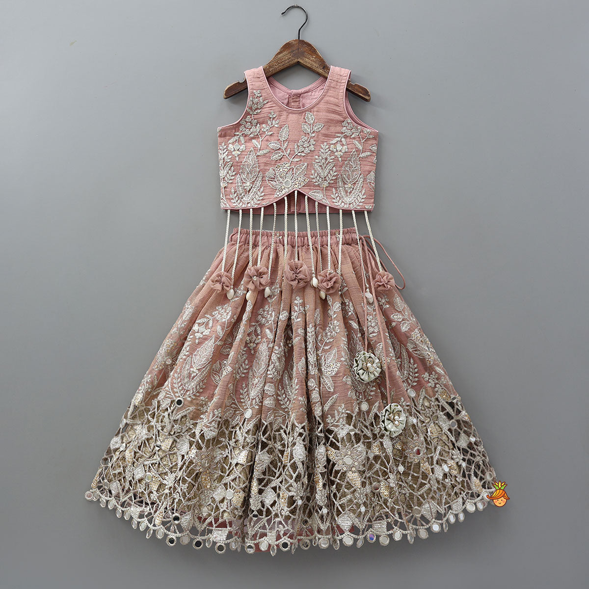 Pre Order: Statement Tassels Detailed Top With Cutwork Embroidered Lehenga