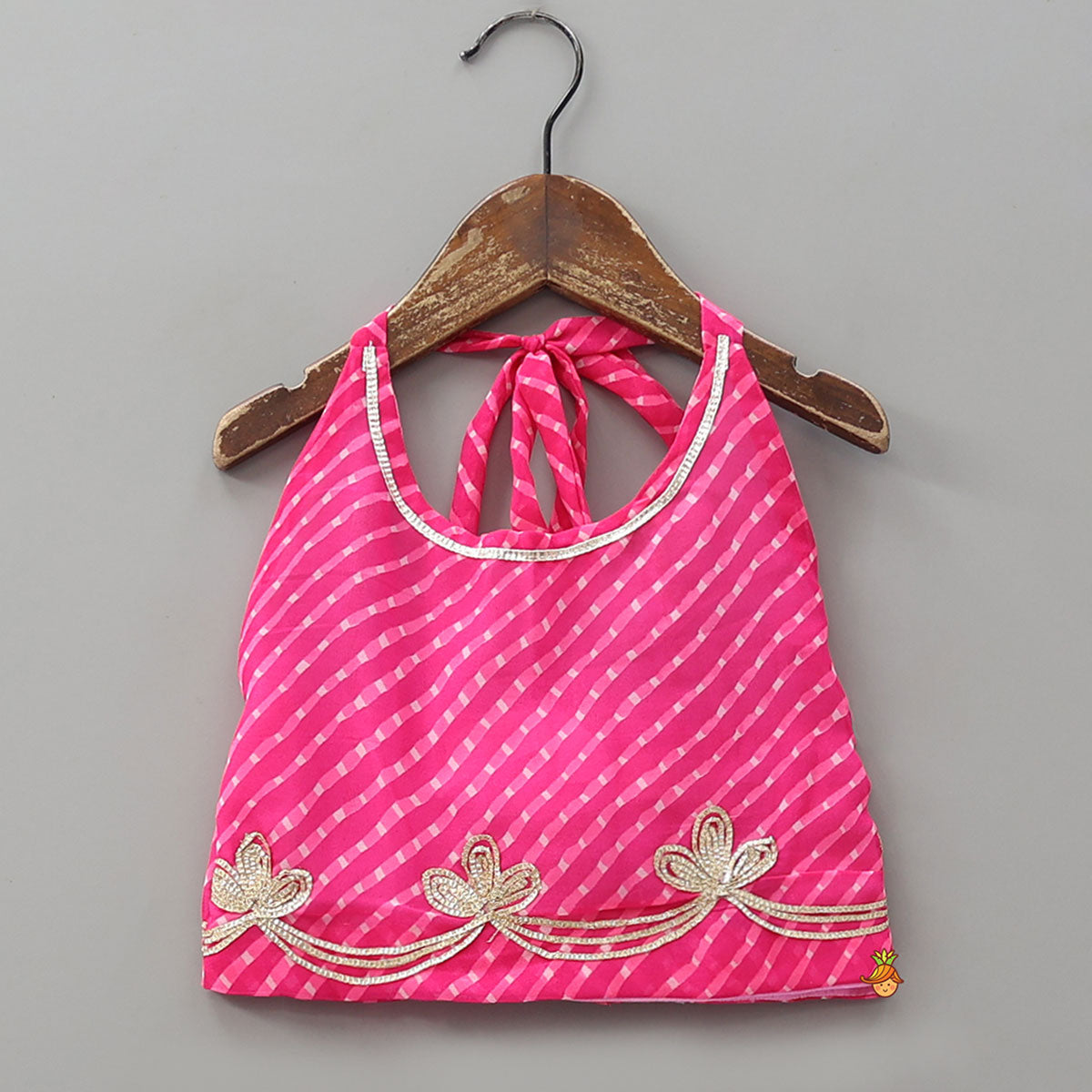 Halter Neck Leheriya Printed Crop Top And Lehenga With Net Dupatta