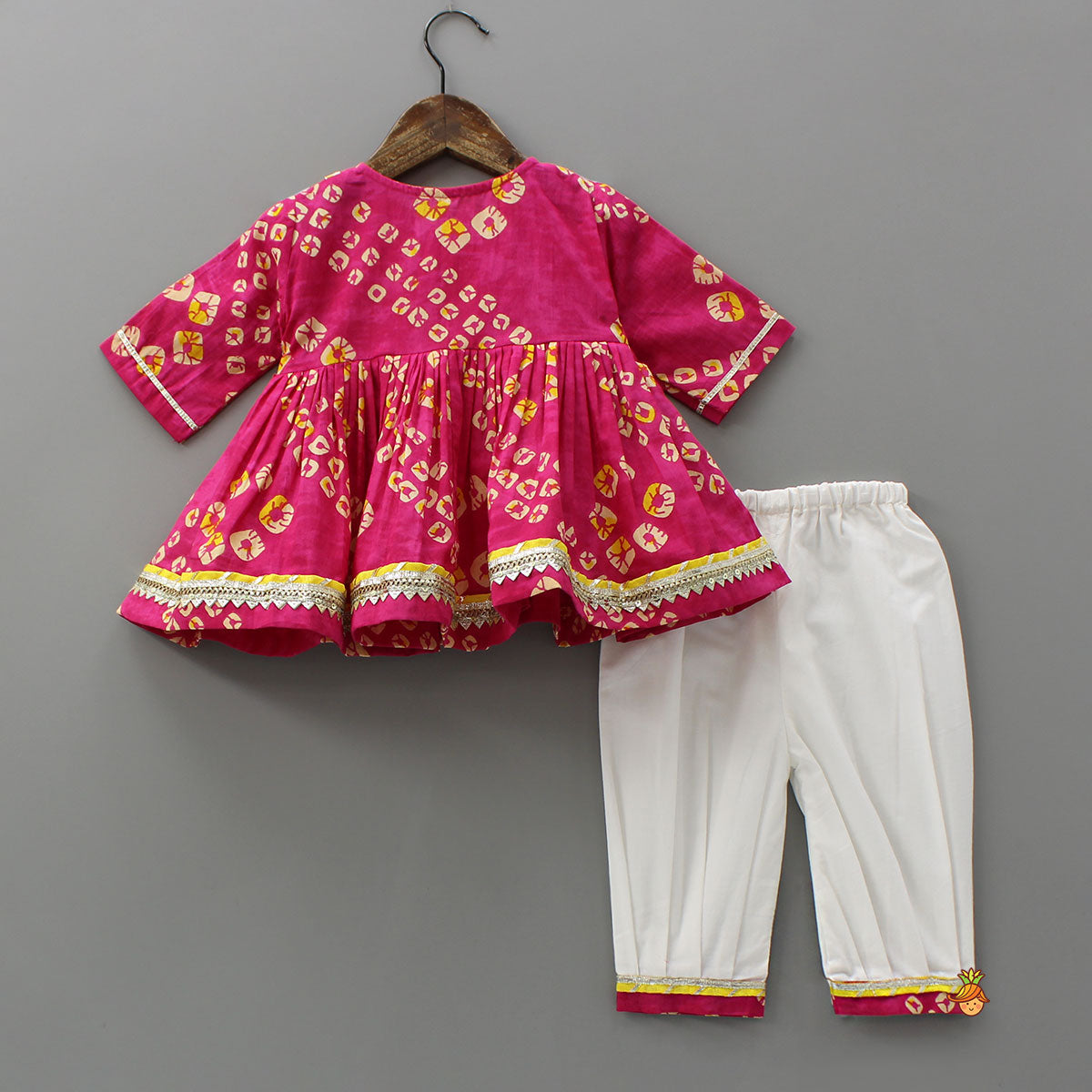 Pre Order: Bandhani Printed Gota Lace Detailed Kurti And Salwar With Matching Booties And Elasticated Headband