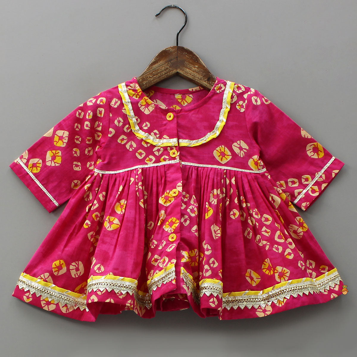 Pre Order: Bandhani Printed Gota Lace Detailed Kurti And Salwar With Matching Booties And Elasticated Headband