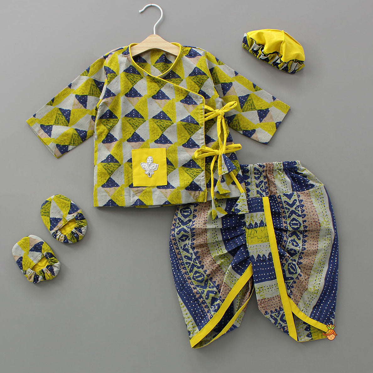 Pre Order: Geometric Print Angrakha Kurta And Dhoti With Matching Cap And Booties