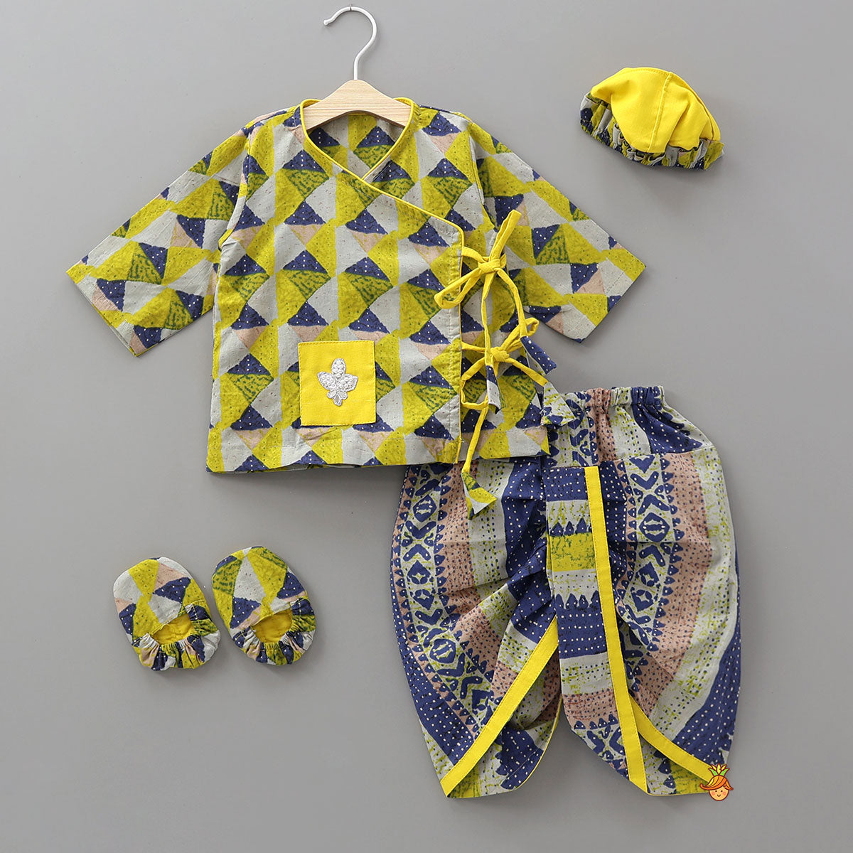 Pre Order: Geometric Print Angrakha Kurta And Dhoti With Matching Cap And Booties