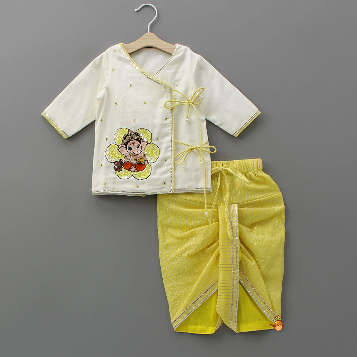 Pre Order: Ganesha Embroidered Angrakha Kurta With Striped Dhoti