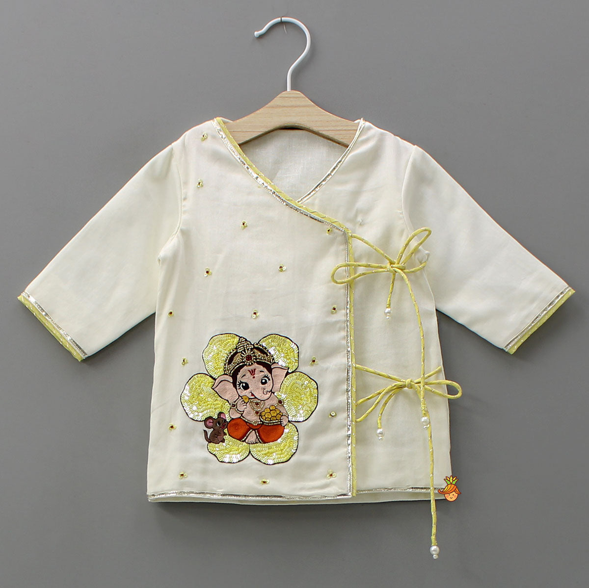 Pre Order: Ganesha Embroidered Angrakha Kurta With Striped Dhoti