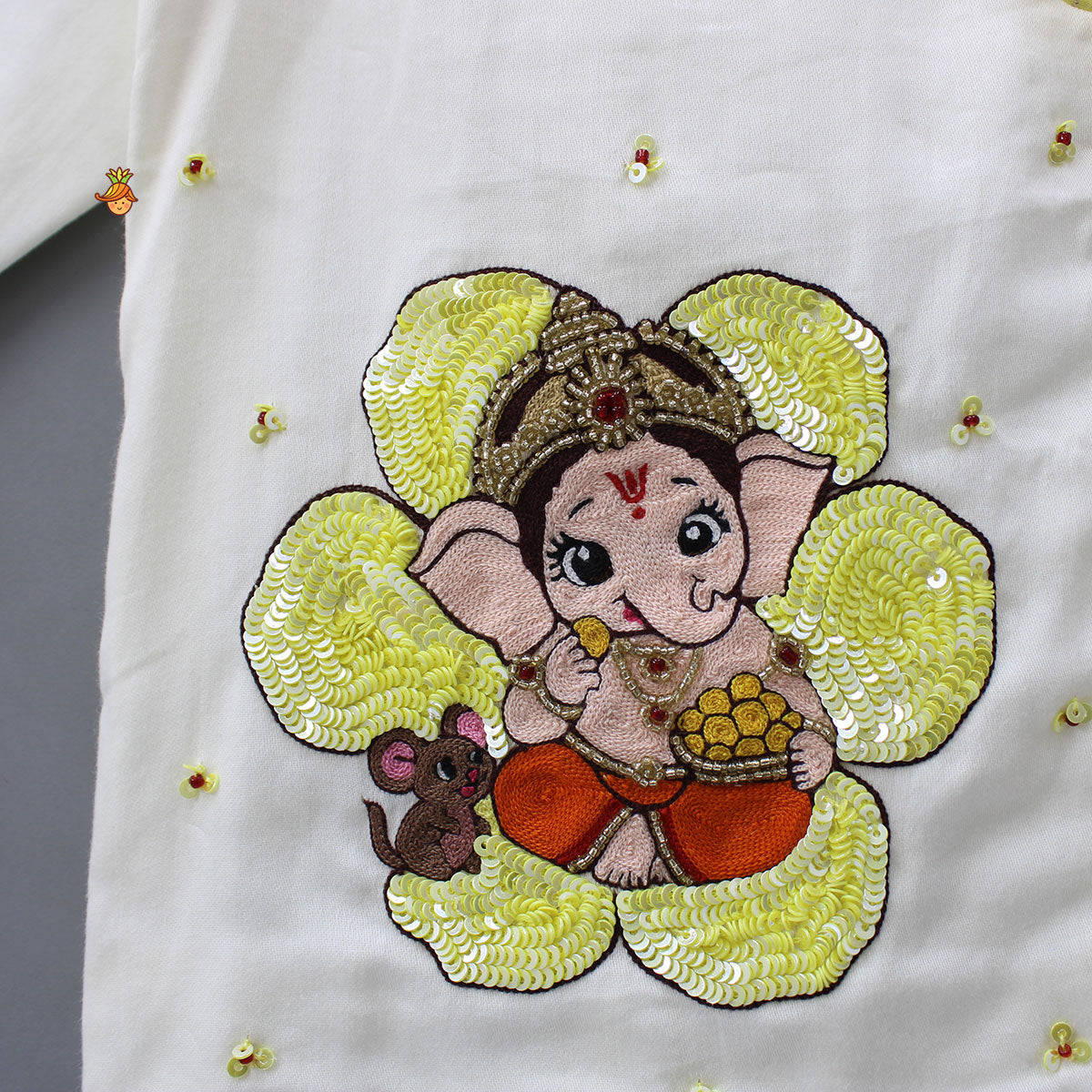 Pre Order: Ganesha Embroidered Angrakha Kurta With Striped Dhoti