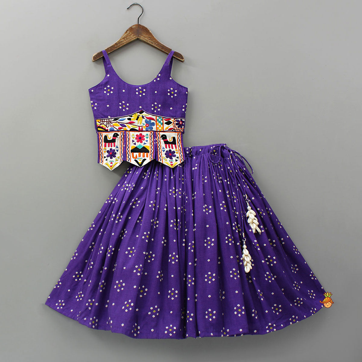Pre Order: Bandhani Printed Embroidered Patchwork Top With Lehenga