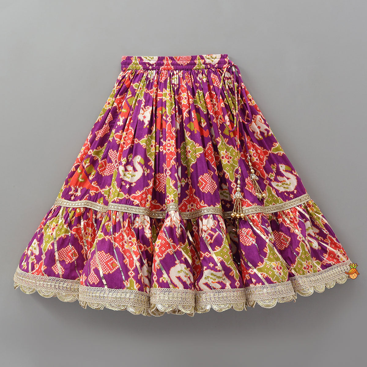 Pre Order: Patola Inspired Printed Crop Top With Flared Lehenga And Dupatta