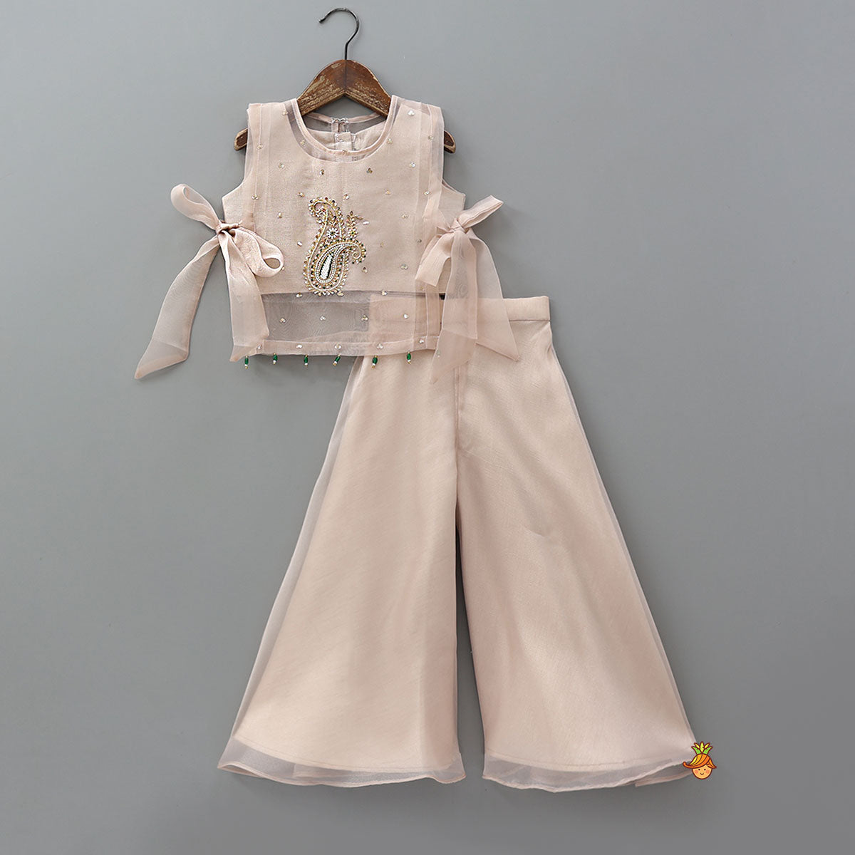 Pre Order: Round Neck Inner Top With Jacket Style Tie Up Shimmery Top And Palazzo