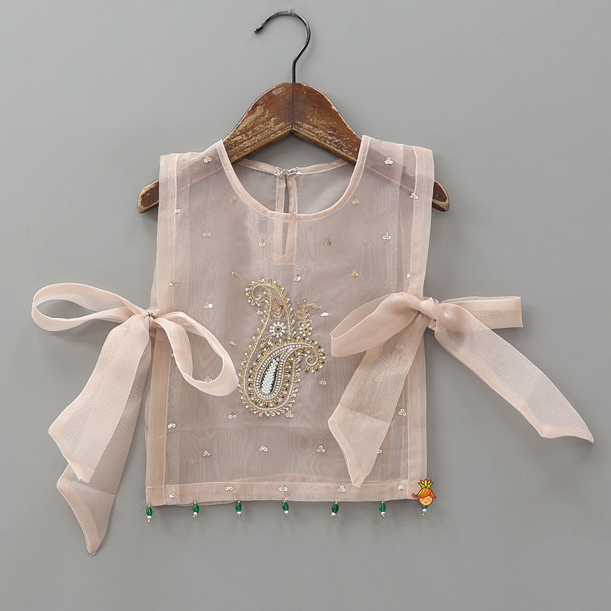 Pre Order: Round Neck Inner Top With Jacket Style Tie Up Shimmery Top And Palazzo