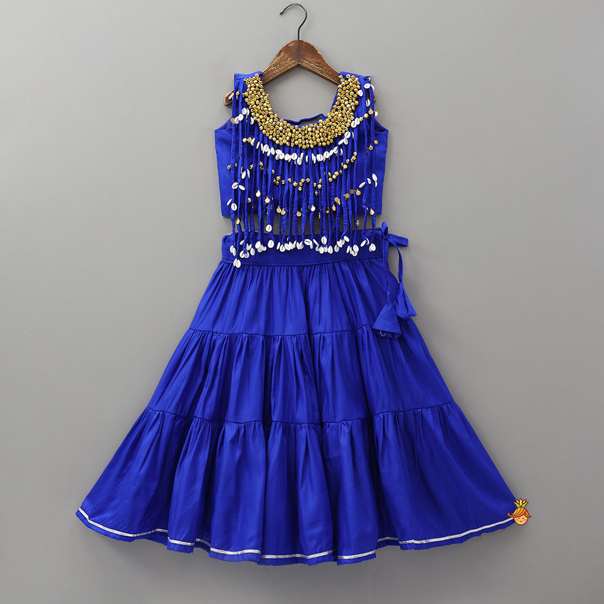 Pre Order: Statement Ghungroo Embellished Top With Tiered Flared Lehenga