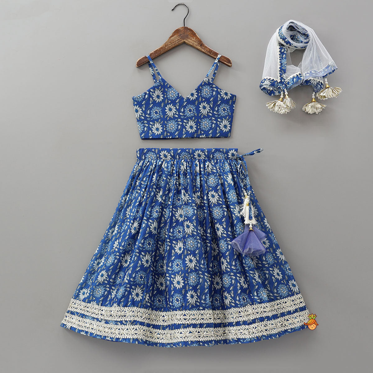 Pre Order: Elegant Adjustable Strappy Crop Top And Lehenga With Dupatta
