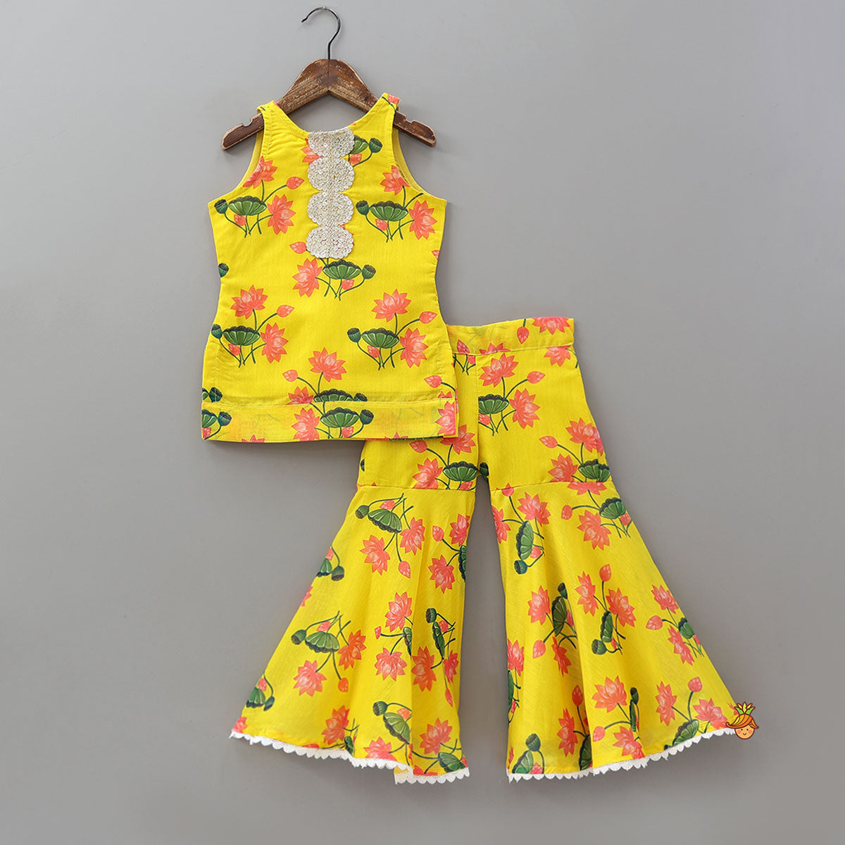 Pre Order: Lace Work Yoke Kurti And Sharara With Matching Dupatta
