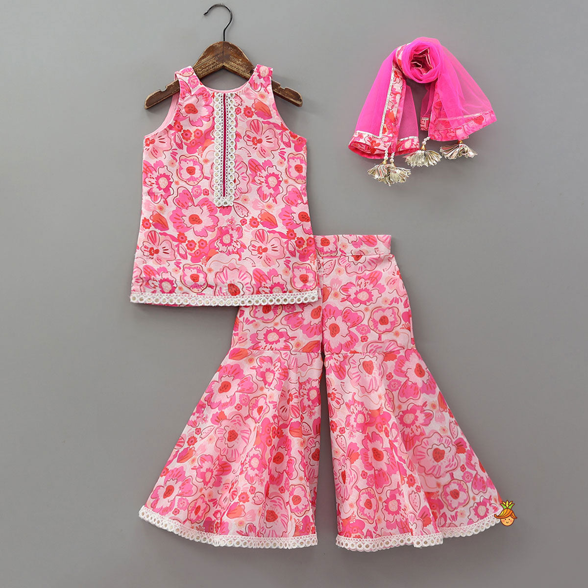 Pre Order: Charming Floral Printed Kurti And Matching Sharara With Dupatta